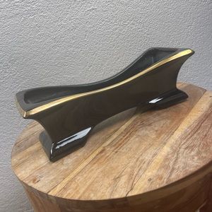 Vintage l 50s Mid-Century Mod Kitsch Glossy Black Gold Trim Long Footed Planter